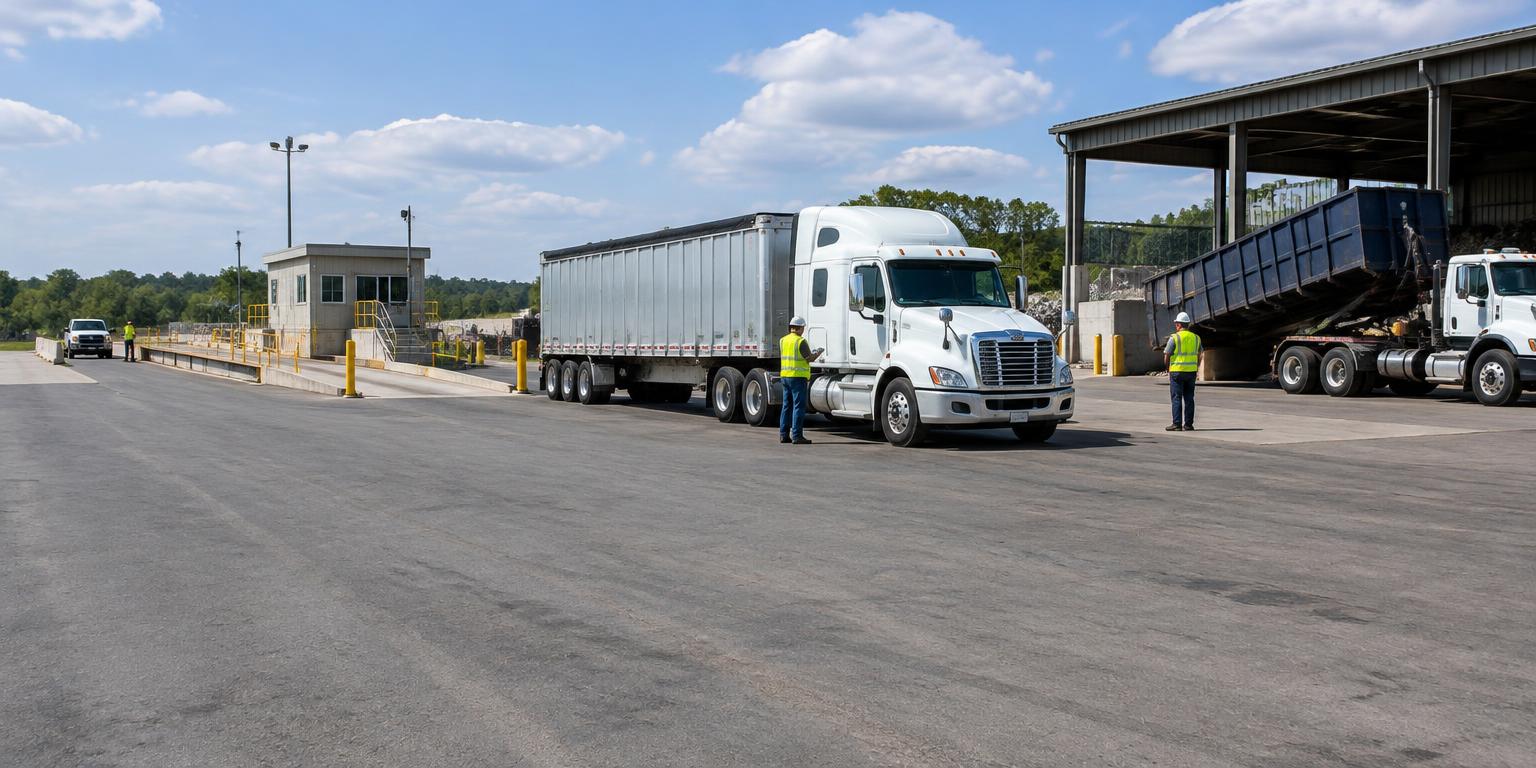 Walking-floor tractor trailer beside a transfer station weighbridge